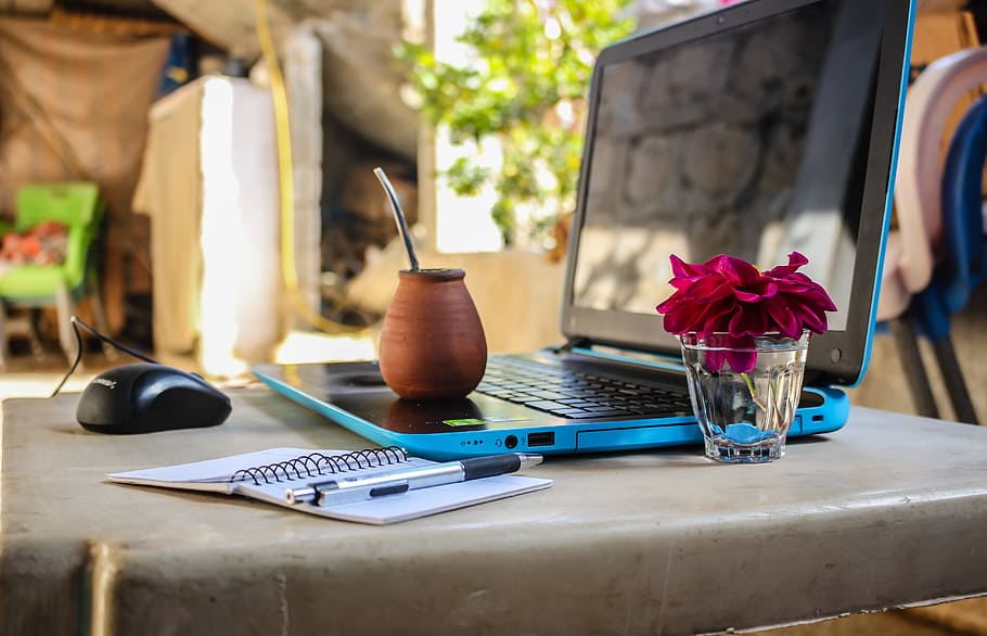 White Notebook Beside Blue Laptop Computer, desk, digital nomad, HD wallpaper