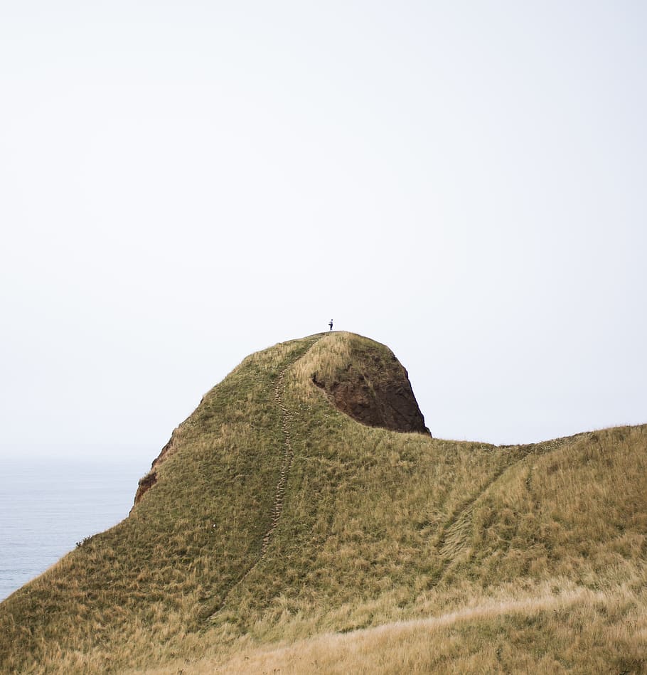 oregon, hiking, summit, peak, alone, grass, cloud, coast, mountain HD wallpaper