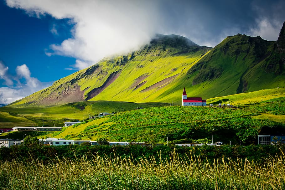 Green Field Near Mountain During Daytime, church, cloud, cropland HD wallpaper