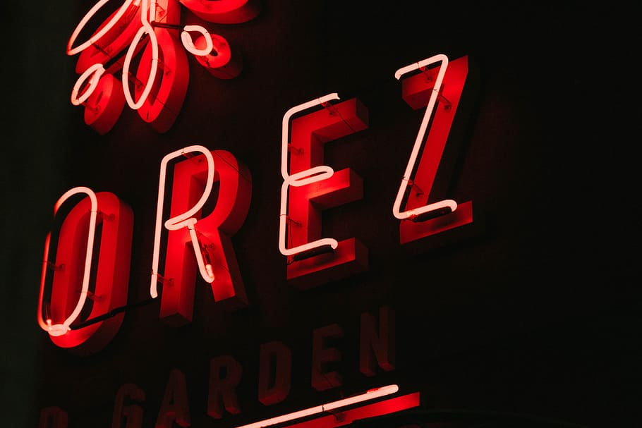 red OREZ neon signage, restaurant, bulb, light, shadow, black