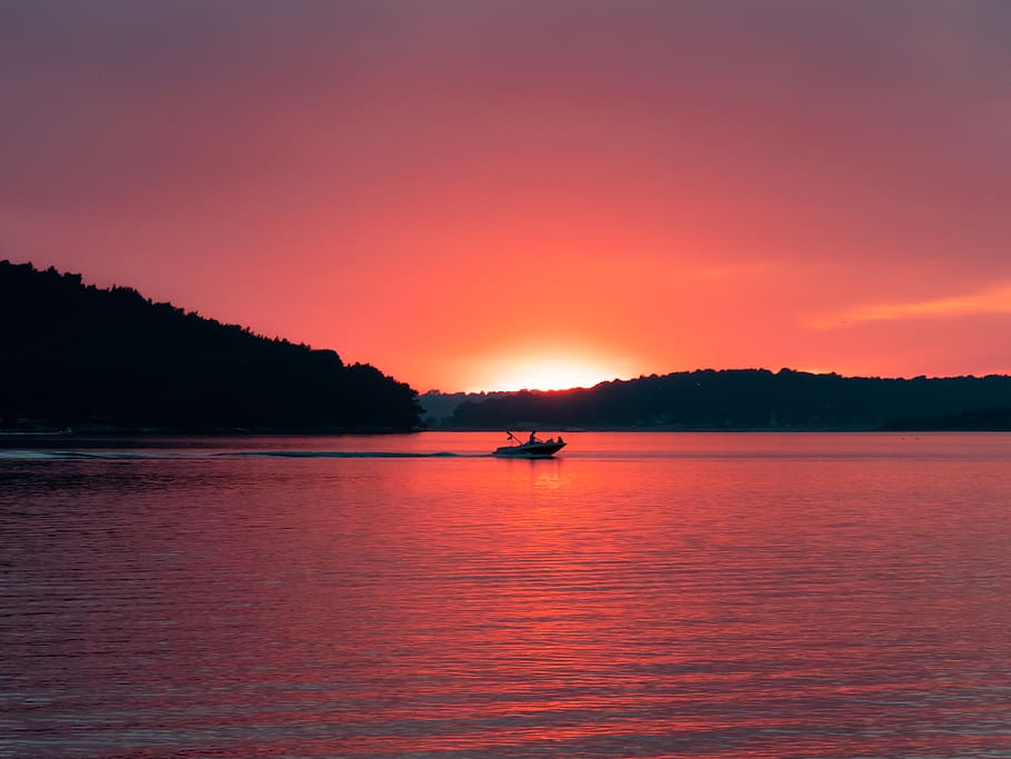 nature, outdoors, sunset, sky, boat, water, red sky, dawn, dusk HD wallpaper
