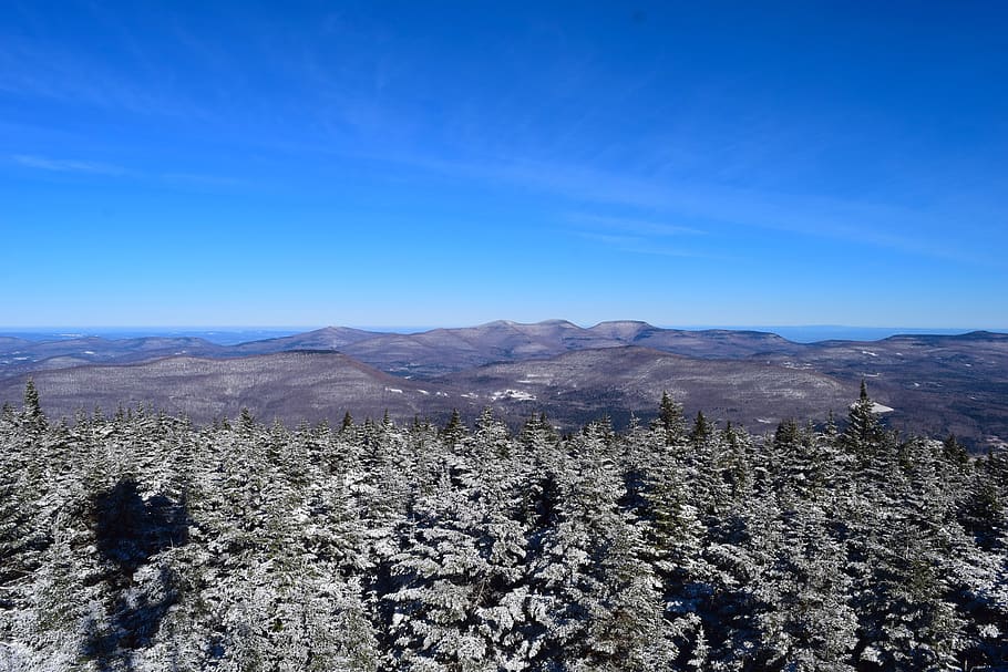 trees, mountains, landscape, nature, snow, winter, forest, clouds HD wallpaper