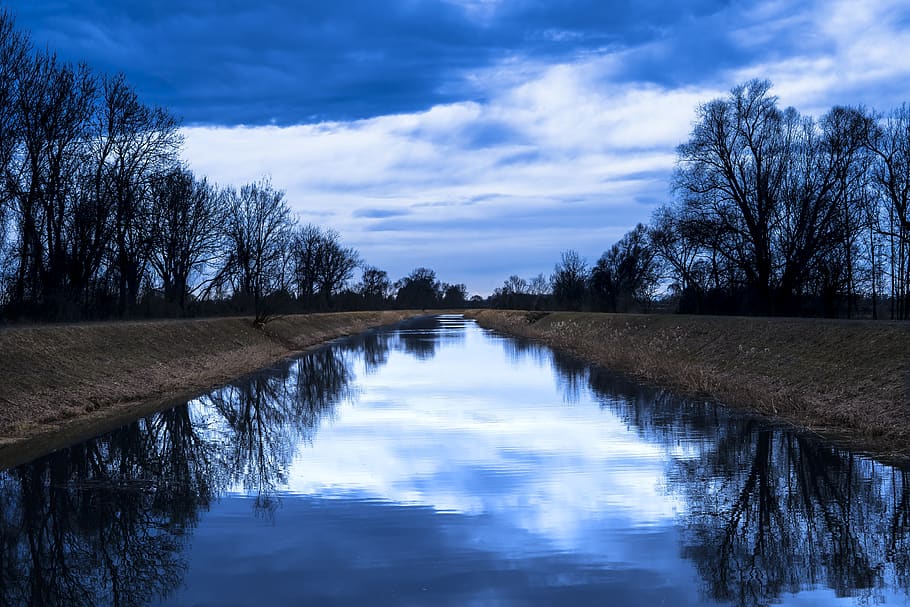 River Between Trees, beautiful, blue sky, clouds, cloudscape HD wallpaper