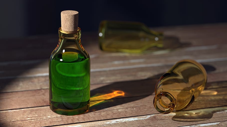 Green Liquid on Clear Glass Bottle With Cork, blur, close-up HD wallpaper