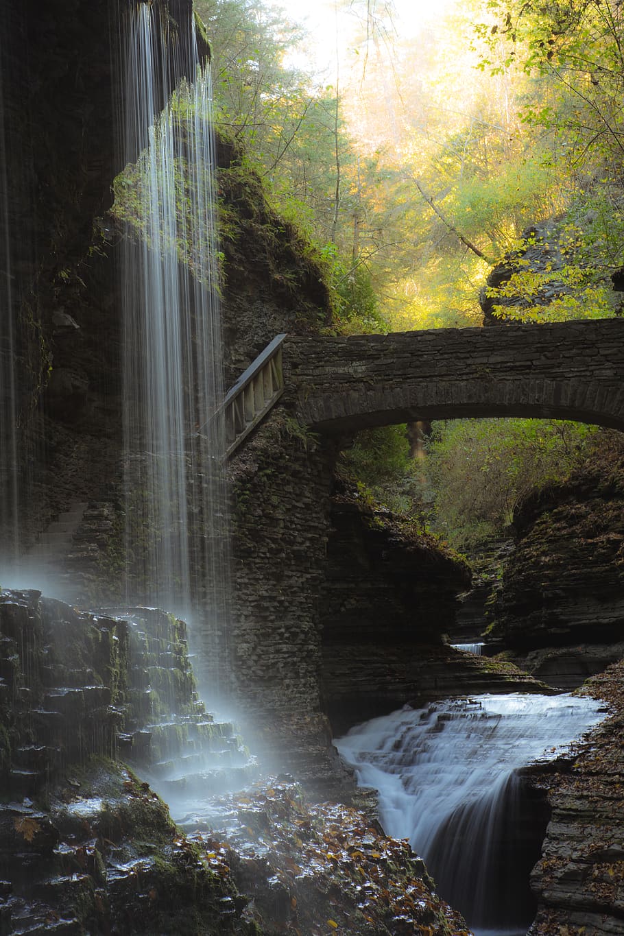 Waterfalls and Concrete Bridge, cascade, environment, flow, landscape HD wallpaper
