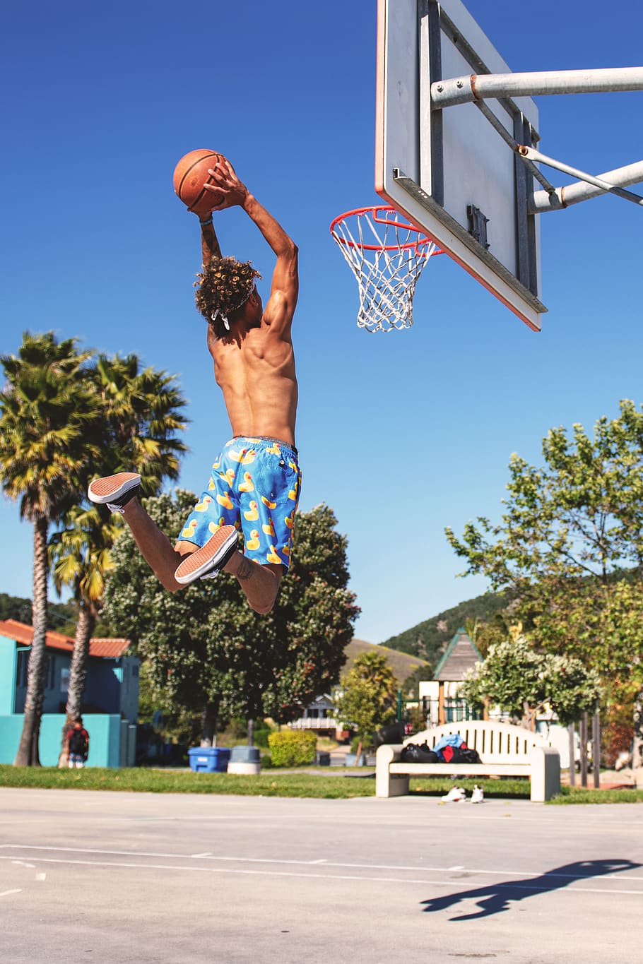 Man Wearing Blue and Yellow Shorts Playing Basketball, action, HD wallpaper