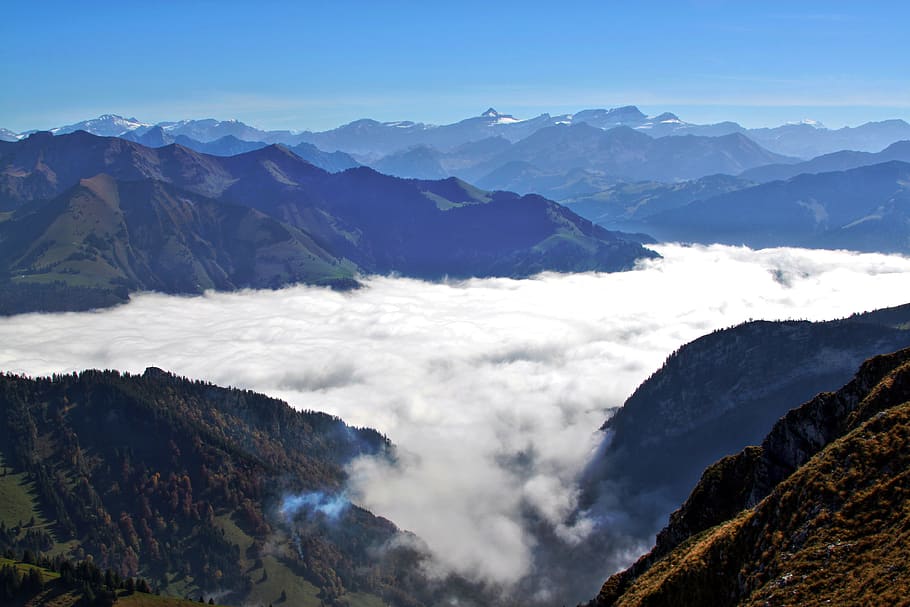 Aerial Photo of Foggy Mountain, adventure, alpine, blue, clouds HD wallpaper