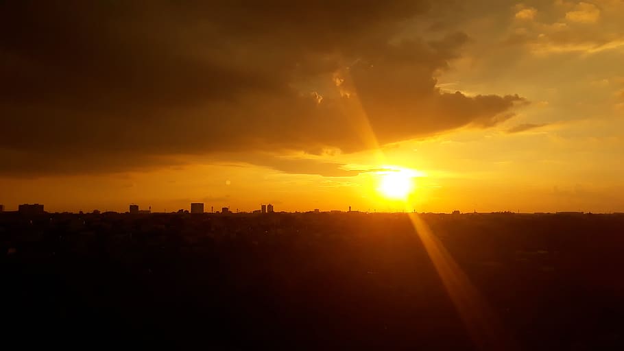 sunset, city, sky, cloud - sky, sunlight, lens flare, silhouette HD wallpaper