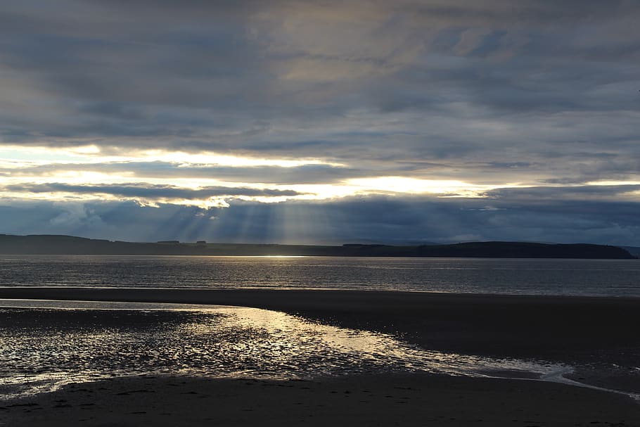 sunset, sea, clouds, light, reflection, beach, evening, dusk HD wallpaper