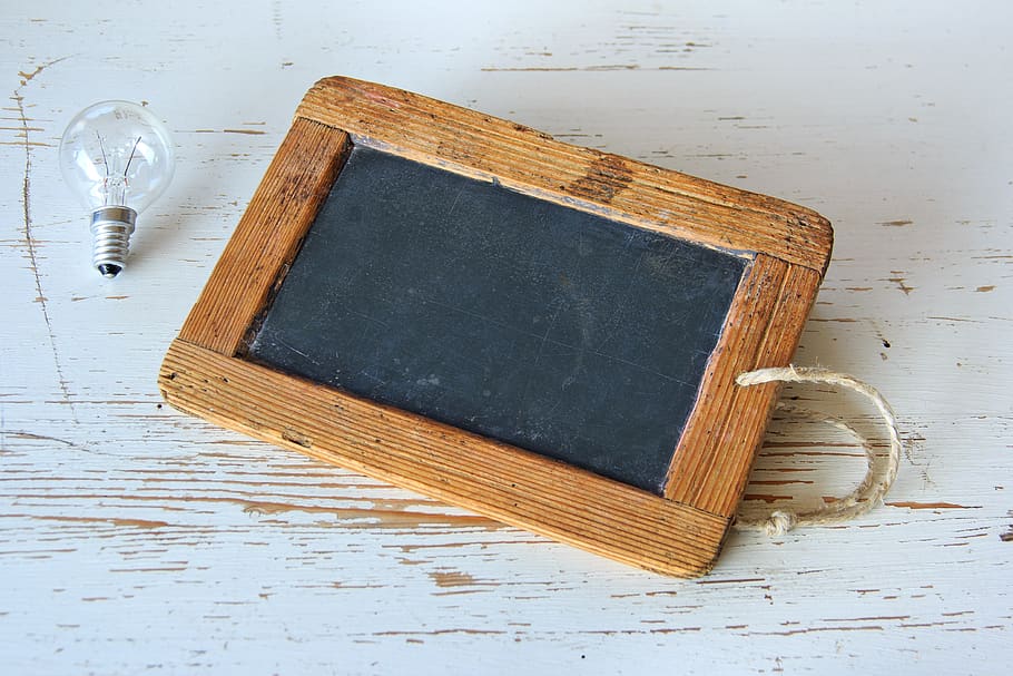 Brown Wooden Frame Beside Clear Bulb, antique, blackboard, blank HD wallpaper
