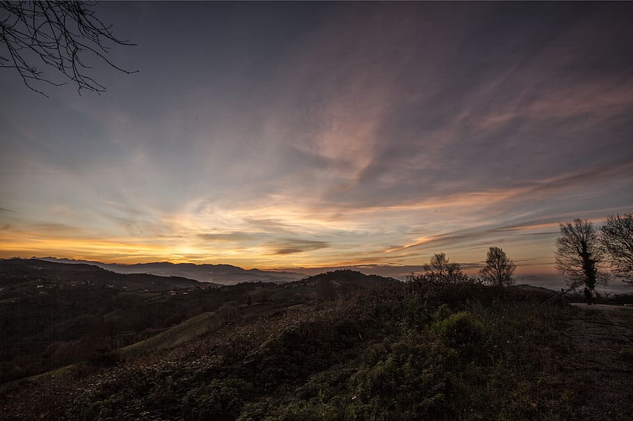 sunset, mountains, trees, color, clouds, sky, cloud - sky, scenics - nature HD wallpaper