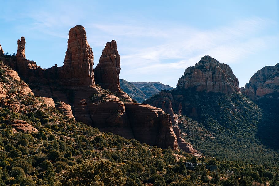 mountain peak under blue sky, nature, outdoors, mesa, plateau HD wallpaper