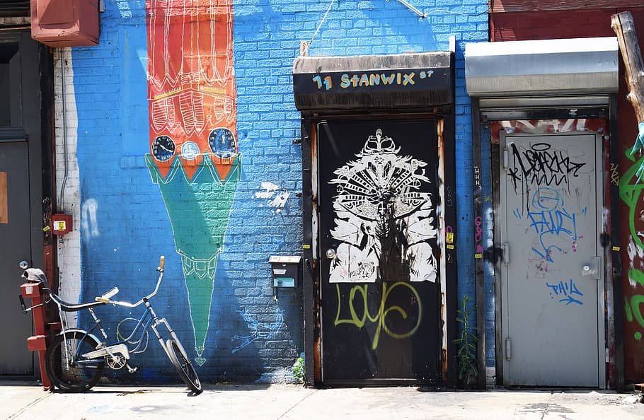 brooklyn, new york, wall street art in a public place, bike, HD wallpaper