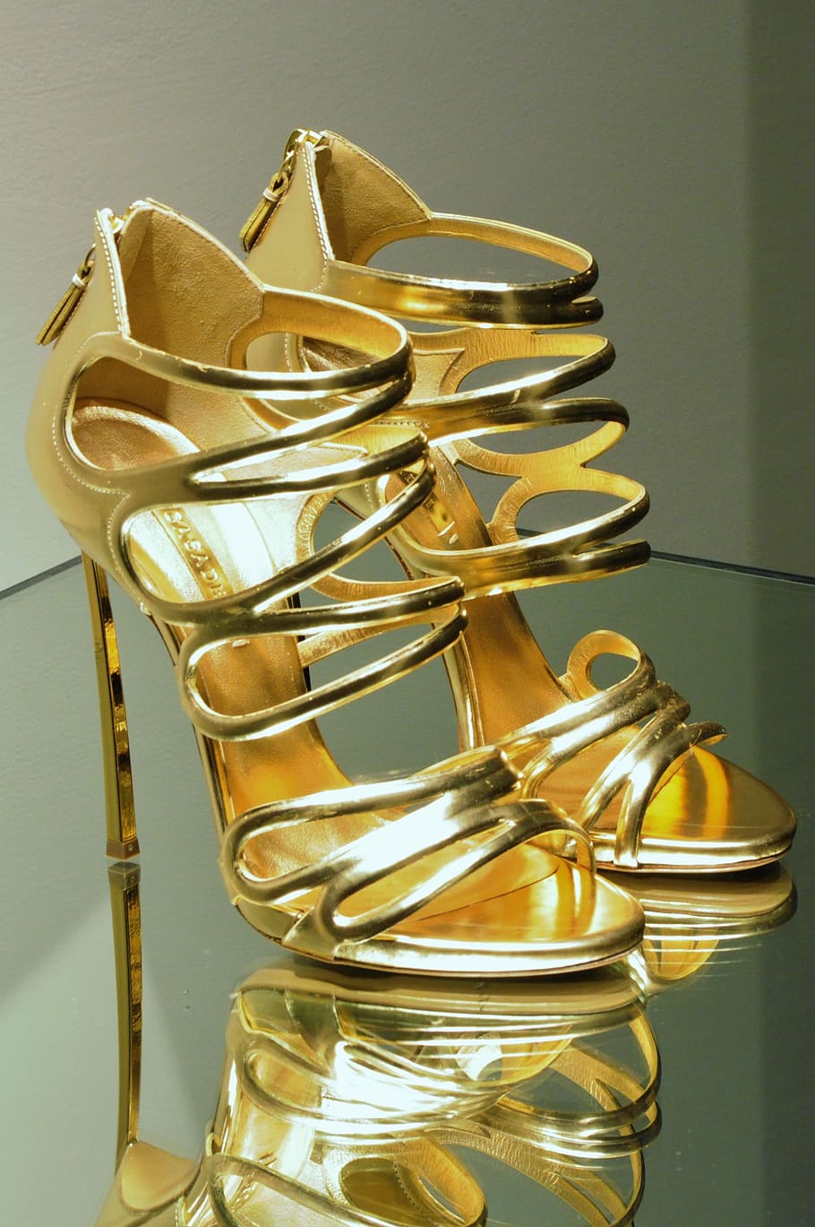 Pair of Gold Open-toe Stilettos, golden, high heels, indoors HD wallpaper