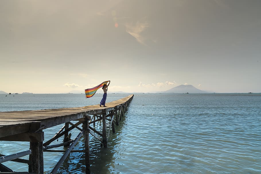 Woman Holding Shawl At The Dock, jetty, ocean, person, pier, sea HD wallpaper