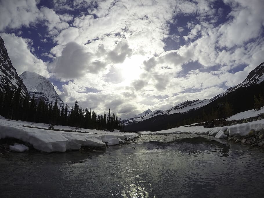 canada, mount robson, cloudy, sky, river, trees, hike, mountain HD wallpaper