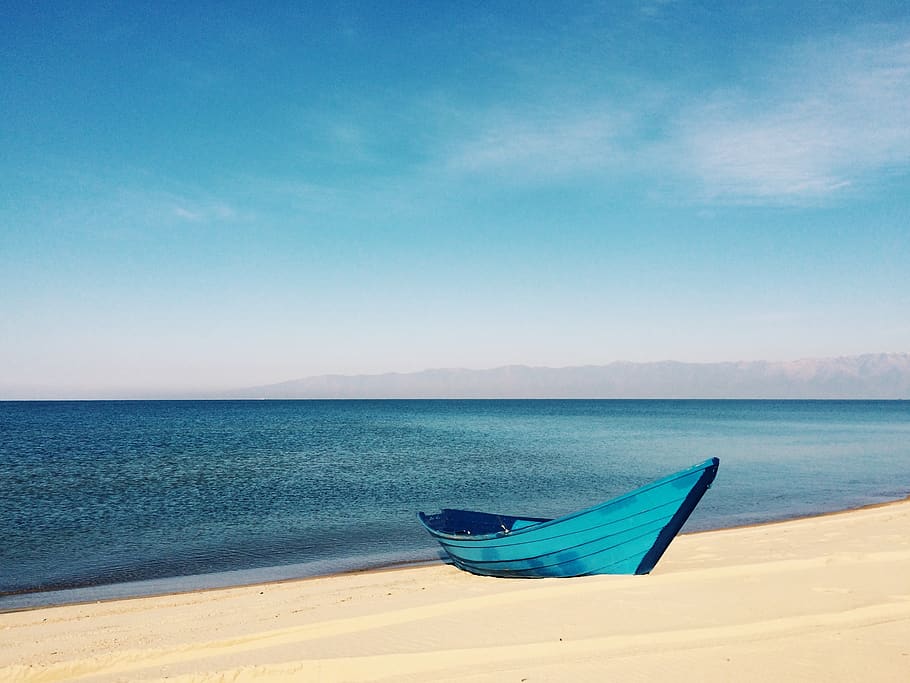 boat, beach, sand, ocean, sea, coast, shore, water, turquoise HD wallpaper
