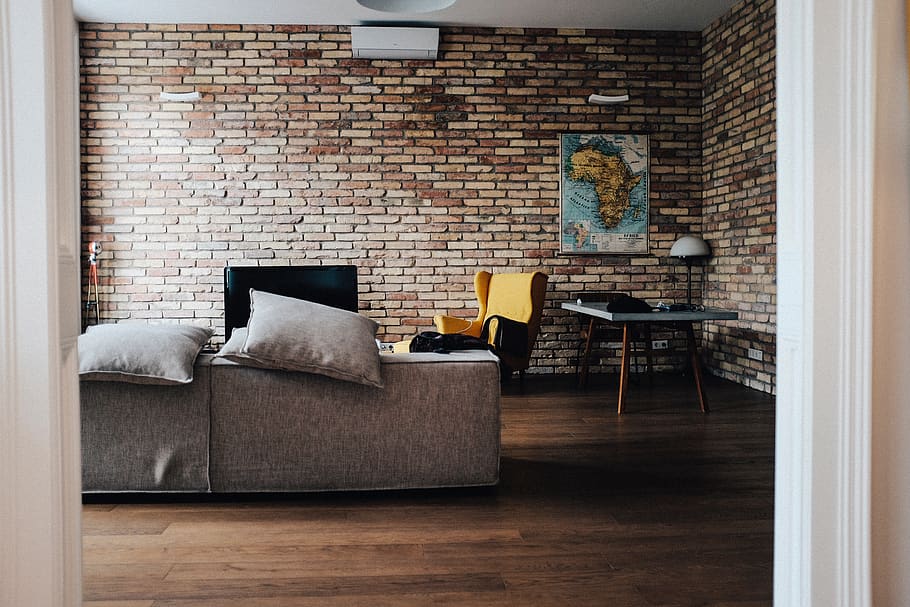 house, interior, couch, sofa, living, room, brick, wall, furniture HD wallpaper
