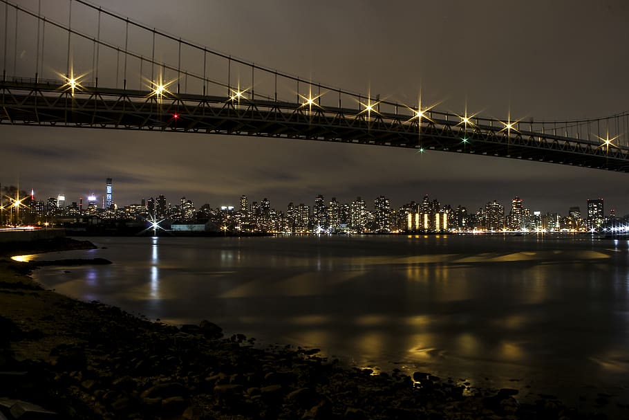 city, bridge, skyline, night, lights, city lights, queens, new york HD wallpaper