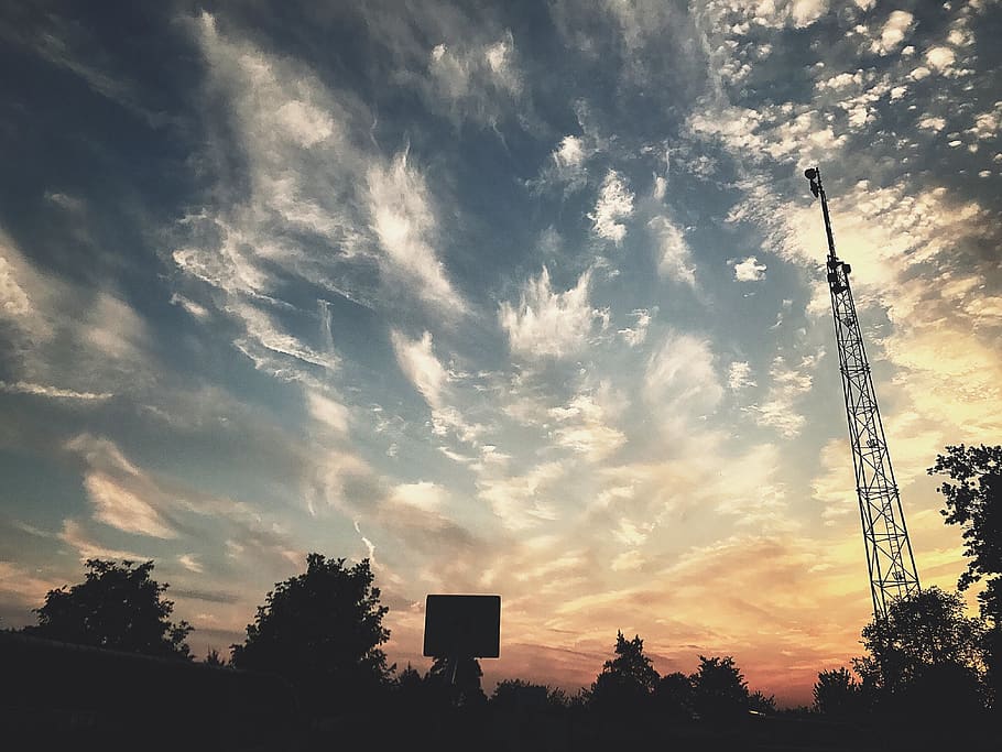 Silhouette Of Tower, backlit, clouds, dawn, daylight, sky, sunrise, HD wallpaper