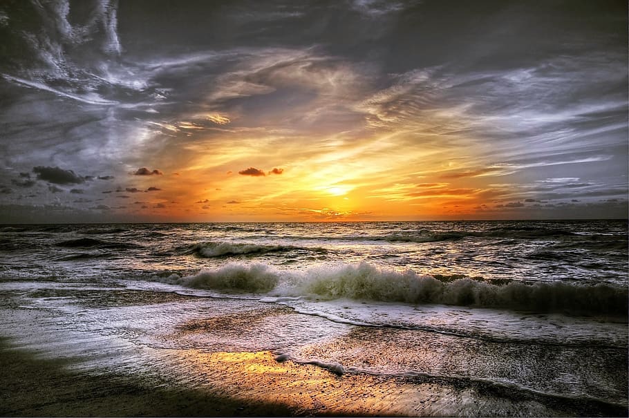 Shoreline With Sun and Clouds, beach, coast, evening, foam, landscape HD wallpaper