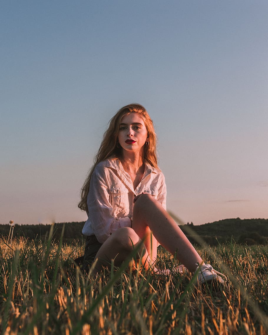 Woman Sitting on Grass Field, attractive, beautiful, beauty, daylight