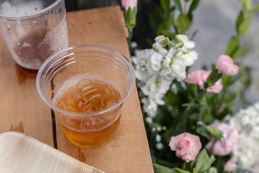 half-filled plastic cup on table, flower, flowering plant, food and drink HD wallpaper