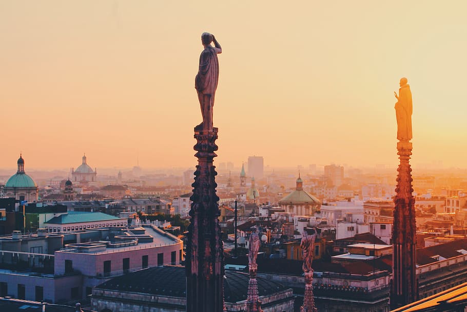 two men statues, tower, building, sunset, sunrise, outdoors, monument HD wallpaper