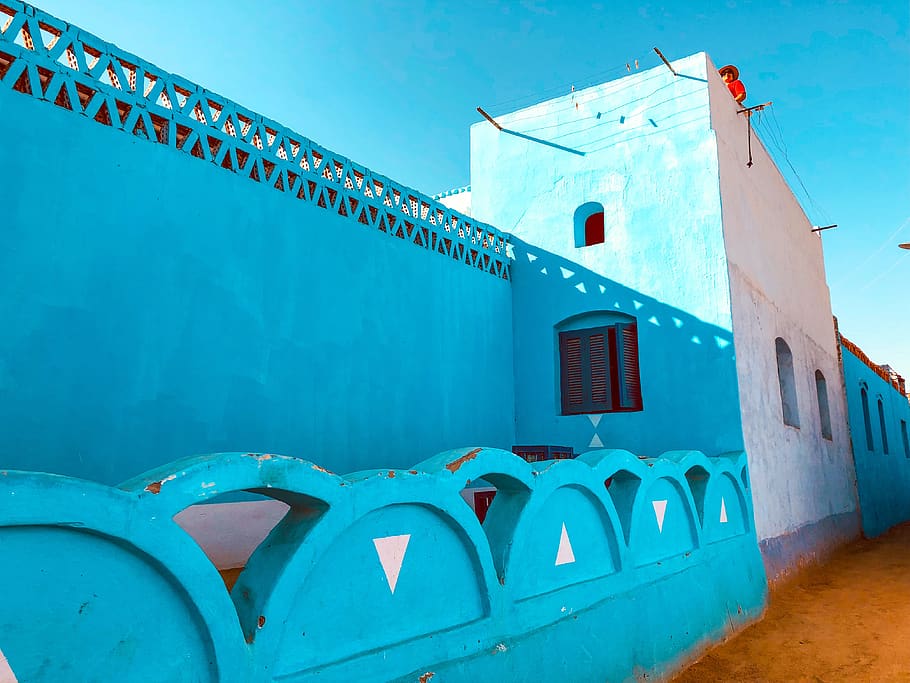 teal and white concrete structure, blue, egypt, aswan, street view HD wallpaper