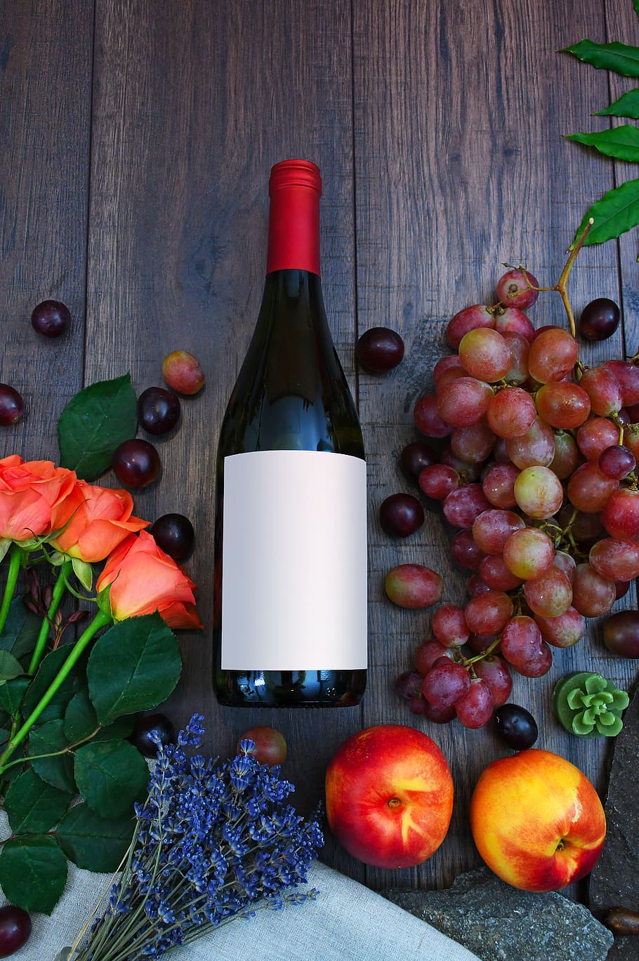 White and Black Bottle Near Grapes, apples, bright, close-up HD wallpaper