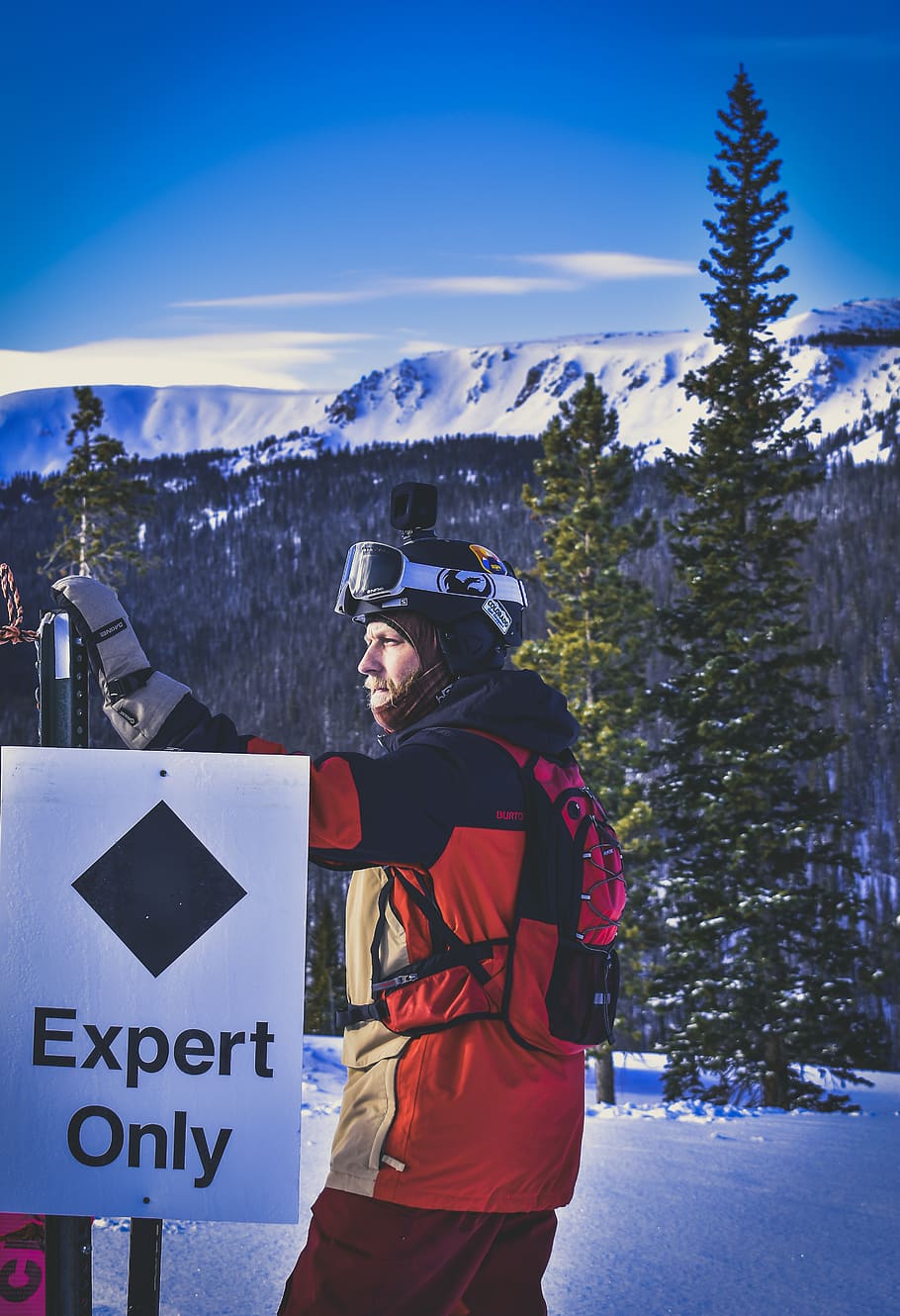 Man Standing Near Expert Only Signage, clouds, cold, daylight HD wallpaper