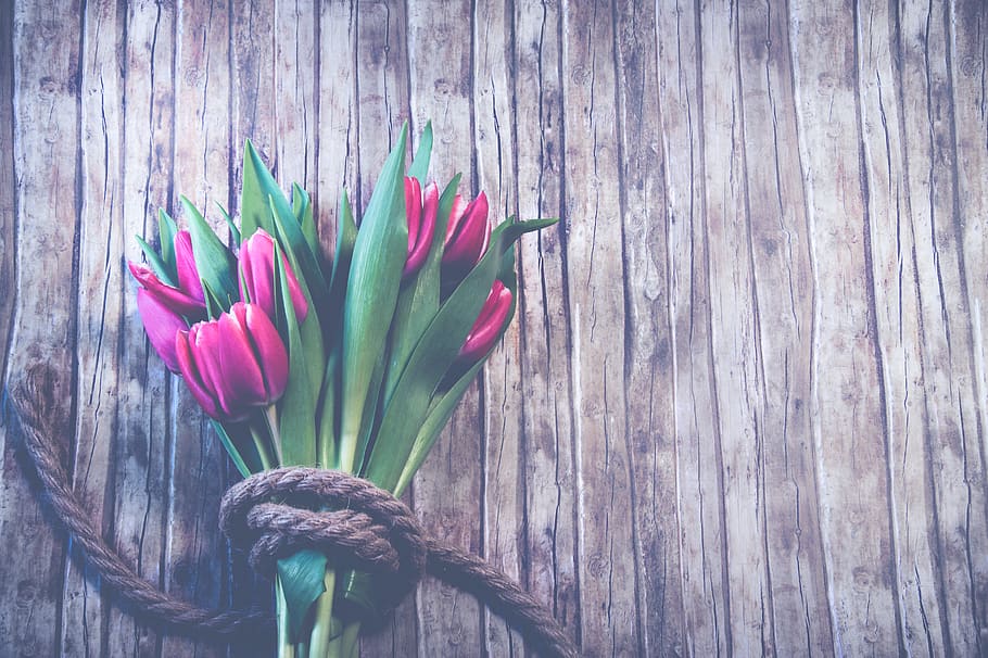 Red Tulip Bouquet on Top of Brown Wooden Surface, background HD wallpaper
