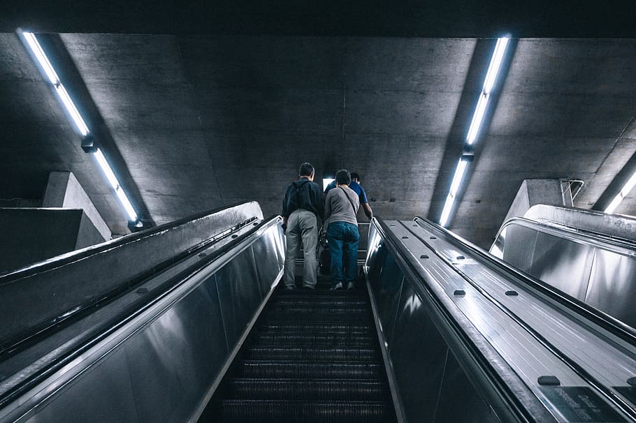 Grayscale Photography of Two Person on Escalator, architectural design HD wallpaper