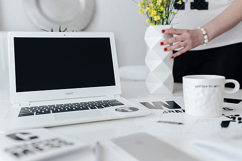 Workspace with yellow flowers, female, minimal, white, workplace HD wallpaper