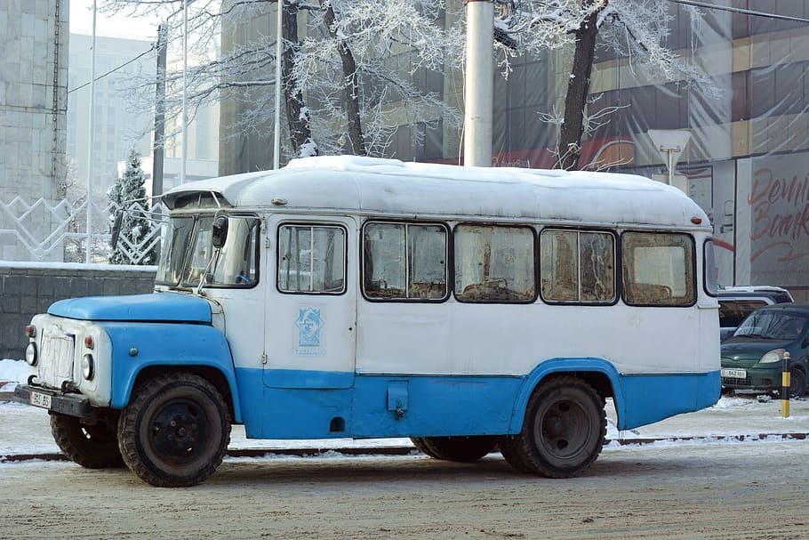 white and blue bus on road, vehicle, transportation, car, automobile, HD wallpaper