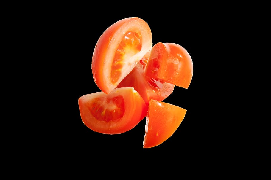 Sliced Tomato Fruits, background, eat, floating, flying, food HD wallpaper