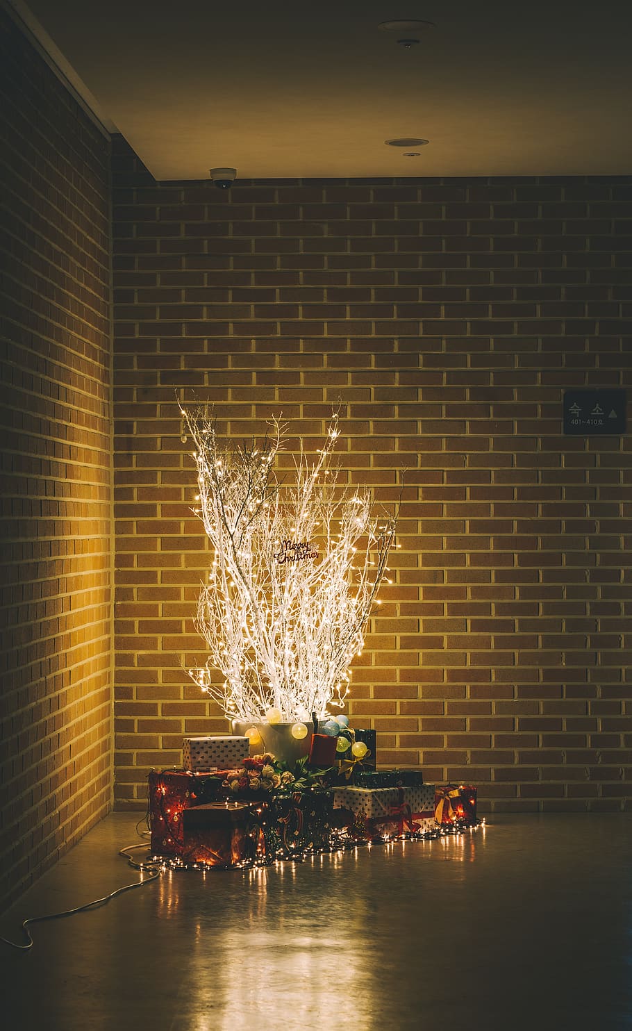 boxes near white lighted holiday tree, lighting, lamp, chandelier HD wallpaper