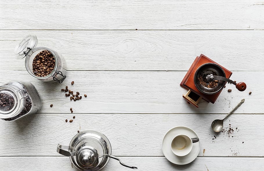 Cups With Saucer Near Coffee Grinder, beans, caffeine, coffee beans HD wallpaper