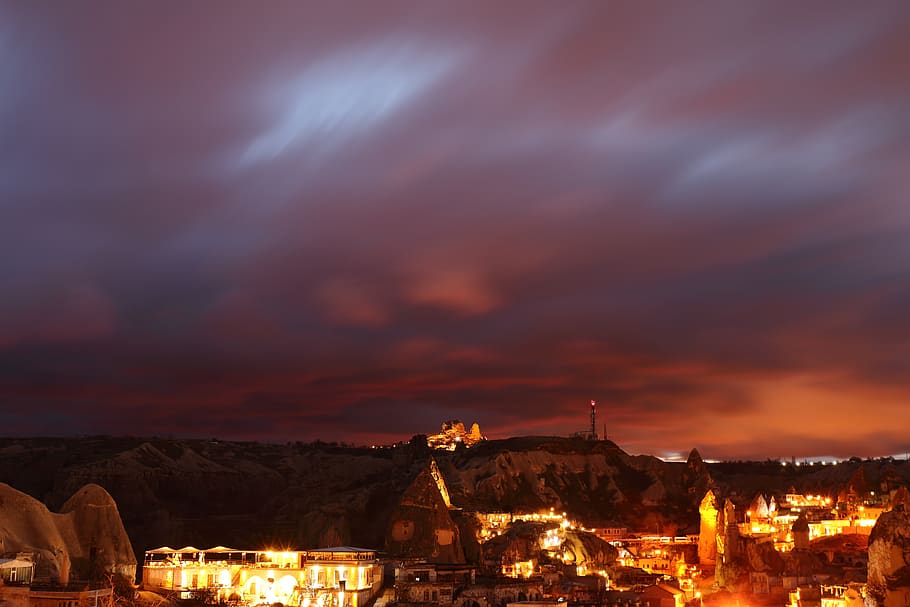 capadoccia, city, clouds, tale, night, long, lights, color HD wallpaper