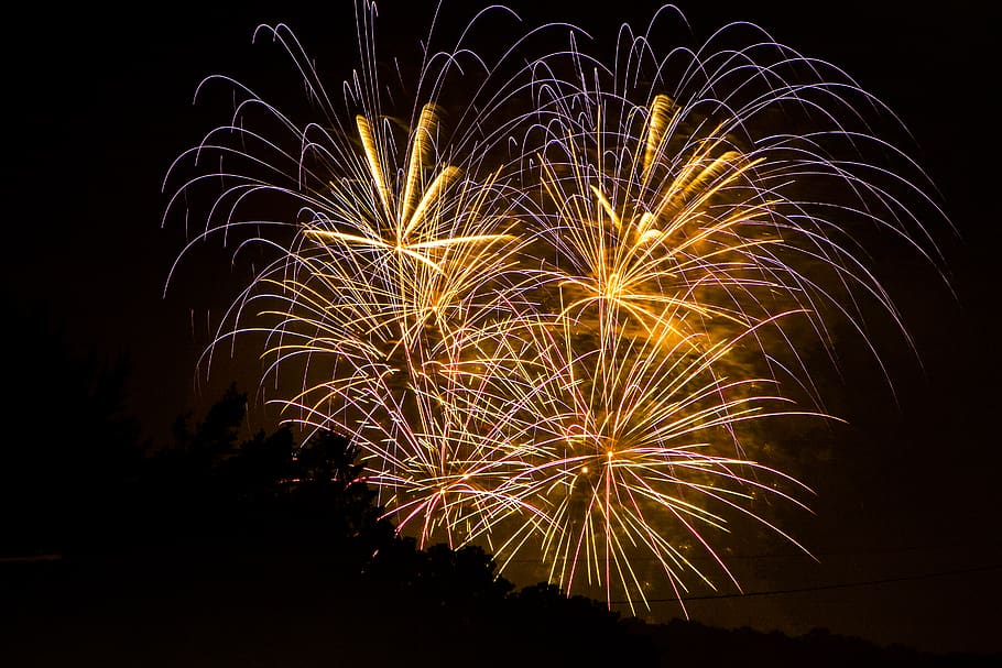 orange fireworks, night, motion, illuminated, celebration, glowing HD wallpaper