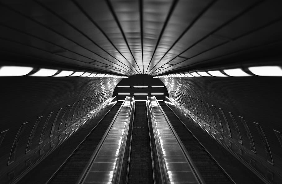 escalator, transportation, architecture, indoors, diminishing perspective HD wallpaper