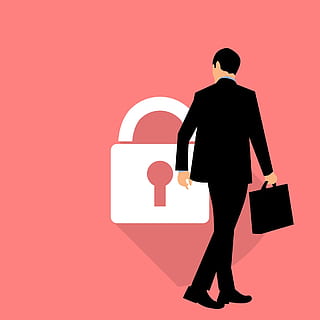 Illustration of businessman with briefcase walking past icon of security lock. HD wallpaper