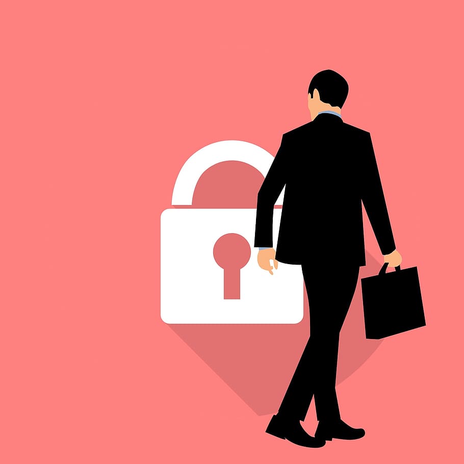 Illustration of businessman with briefcase walking past icon of security lock.