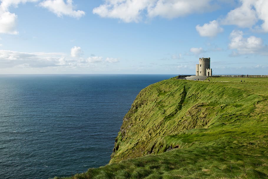 ireland, liscannor, cliffs of moher, tower, ocean, sea, grass, HD wallpaper