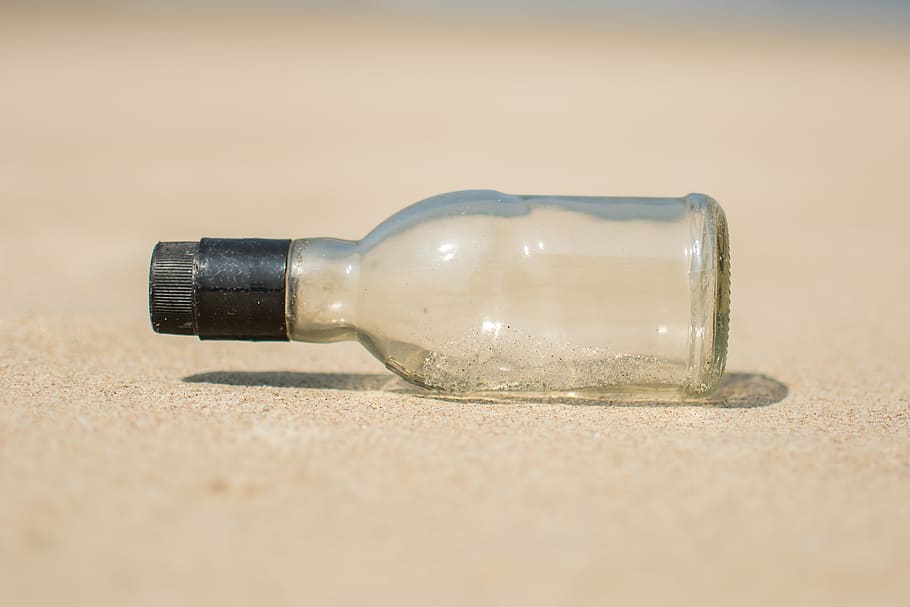 bottle, sand, beach, message, sea, glass, alcohol, close-up HD wallpaper