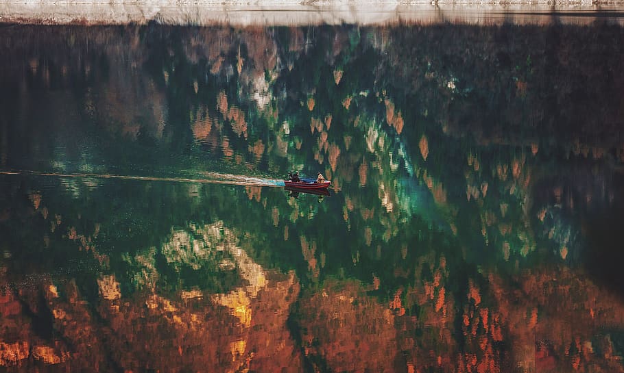 people, boat, reflection, trees, woods, forest, autumn, fall HD wallpaper