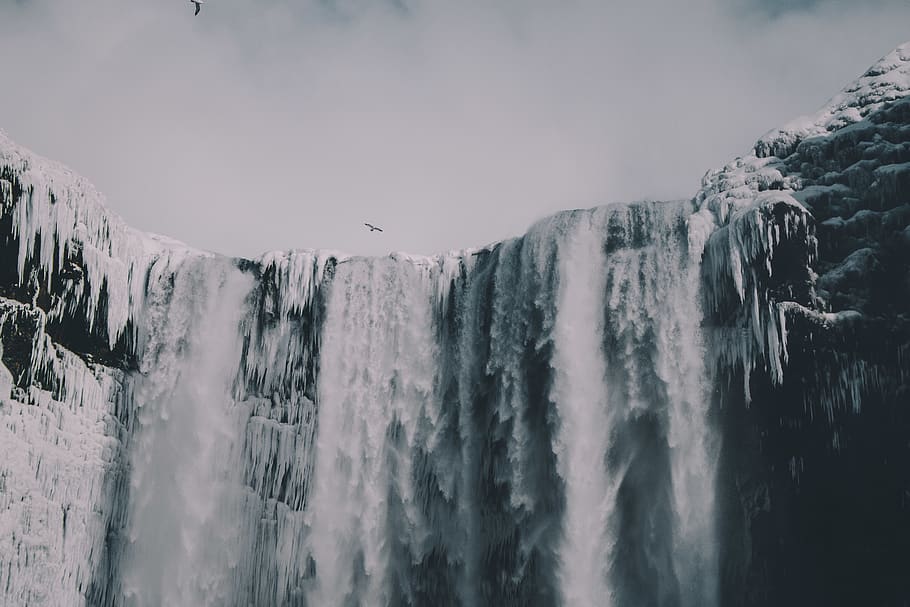 waterfalls, sea waves, ocean, outdoors, nature, winter, snow HD wallpaper