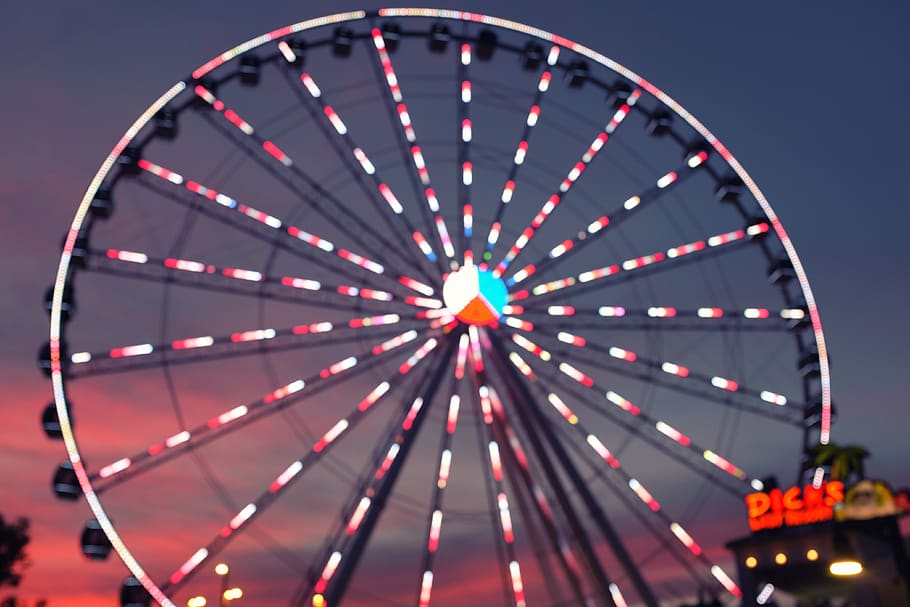 bokeh, light, focus, blur, ferris wheel, circle, sunset, illuminated HD wallpaper