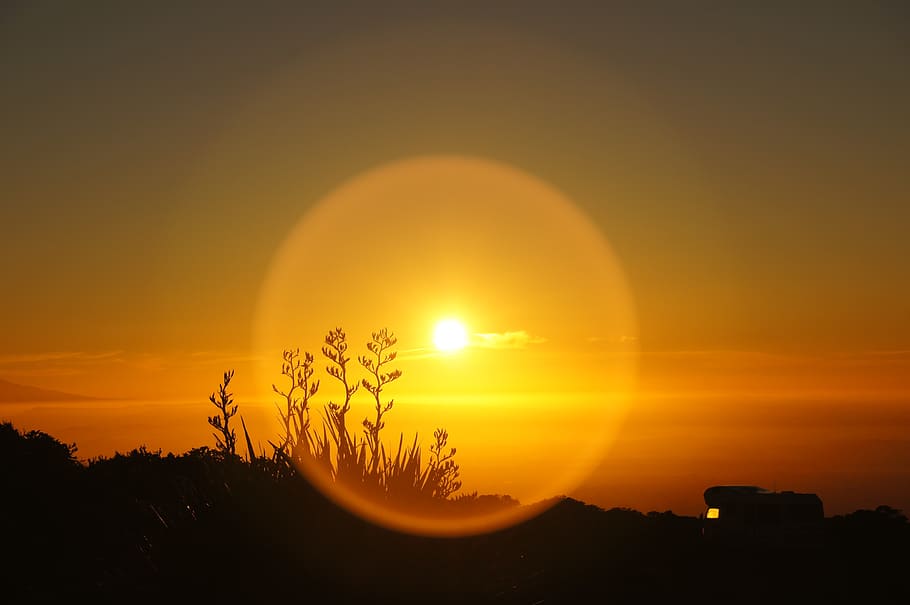 sunrise, vacations, camping, mobile home, grass, aperture, orange HD wallpaper