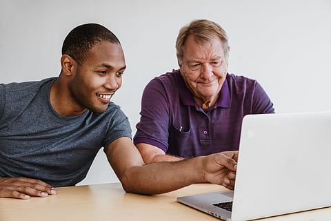 Young Teaching Old Photo, Men, Laptop, Computer, Keyboard, Technology HD wallpaper